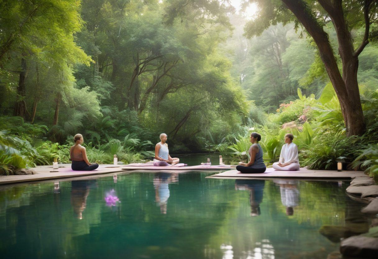 A serene landscape featuring a diverse group of cancer survivors engaged in holistic therapies, surrounded by lush greenery and calming water elements. Include symbols of wellness like crystals, essential oils, and yoga mats, showcasing a sense of community and healing. The ambiance should evoke tranquility and hope. soft lighting. vibrant colors. natural scenery.
