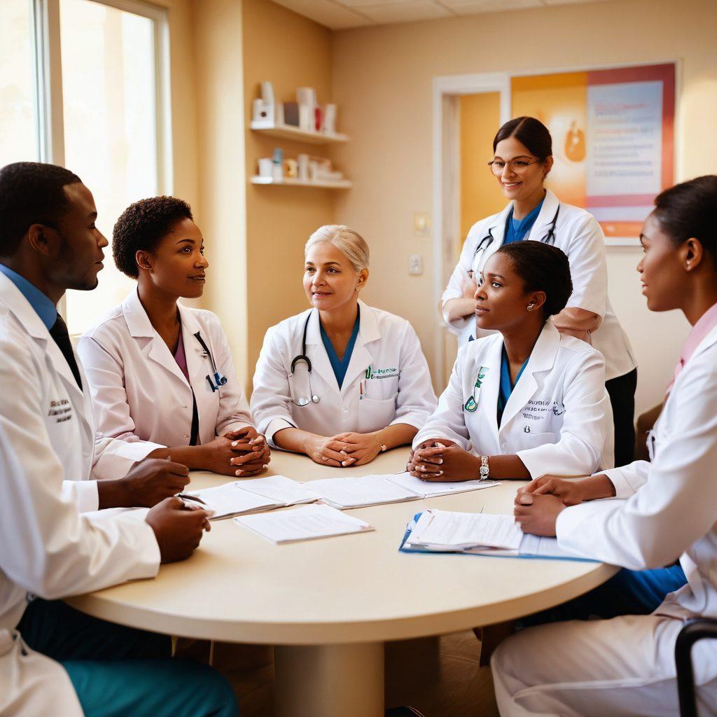 A serene and supportive healthcare environment, featuring a diverse group of patients and oncologists engaged in a discussion. Soft, warm lighting illuminating their faces, symbolizing hope and empowerment. Visual elements of cancer awareness symbols like ribbons and a care guidebook visible in the scene, enhancing the theme of support. super-realistic. vibrant colors. warm background.